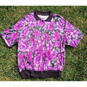 Vintage Floral Button Front Blouse L Purple Black Made In USA 80s Retro Artsy